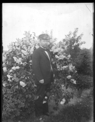 Portrett ca. 1910 - 15
Johan Lorentsen stående ute i hagen foran blomstrende syrin. Har uniformslue (sangerlue?)
Nøkkelord: portrett;johan;lorentsen;uniform;1910