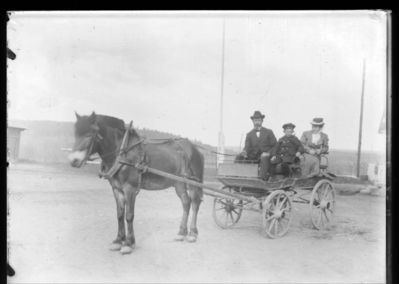 Transport
En hest forspent vogn. Mann, kvinne og liten gutt hest. Mannen kan være Johan Lorentsen.
Nøkkelord: transport;hest;mann;kvinne;gutt;johan;lorentsen